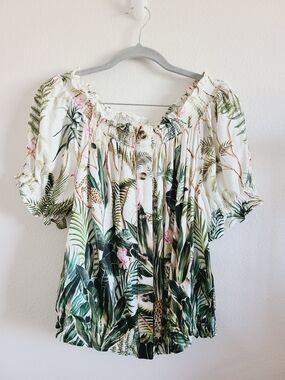 H&M White Tropical Top with Green Leaf Print